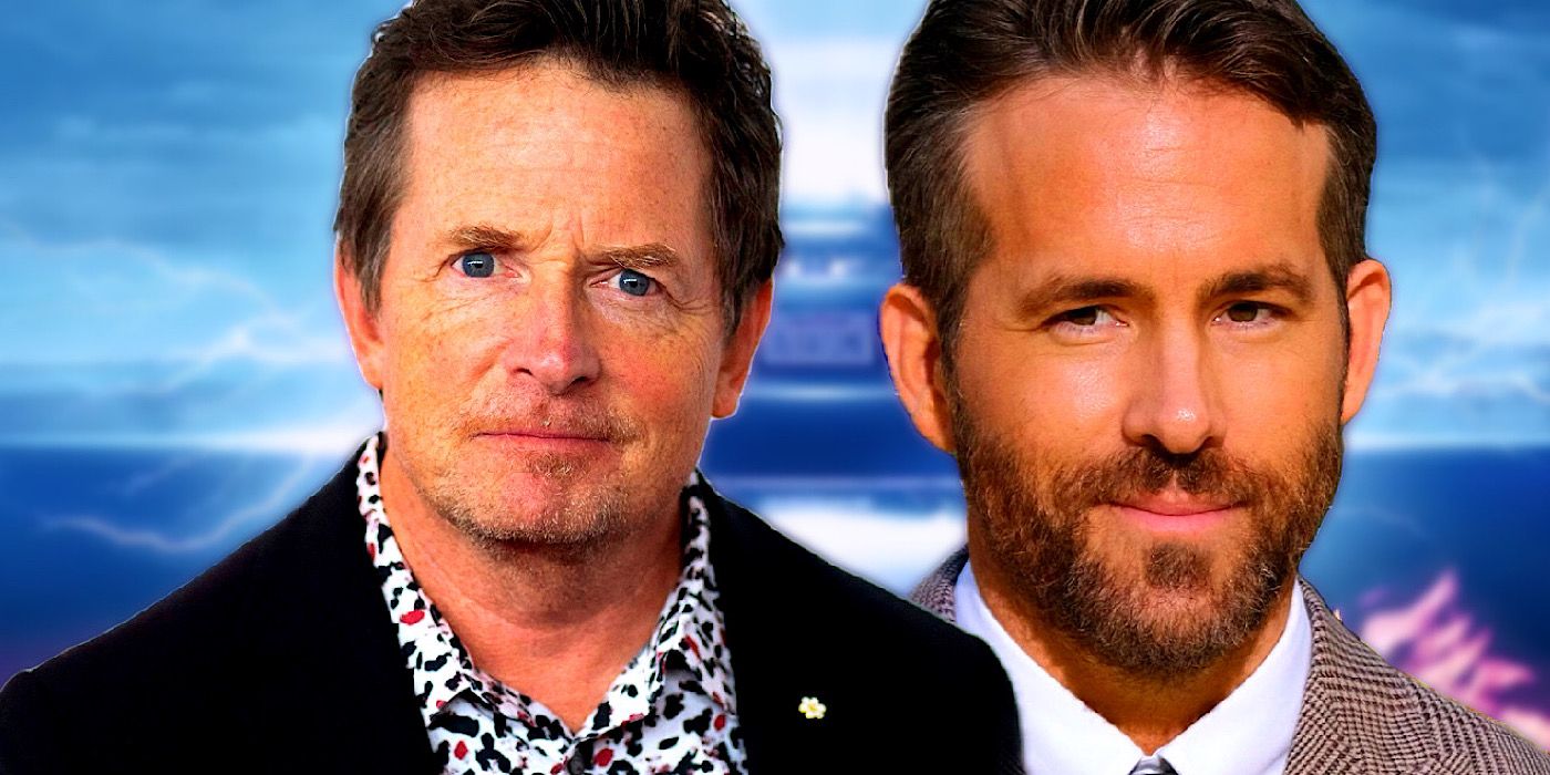 Michael J. Fox and Ryan Reynolds composite with Back to the Future background