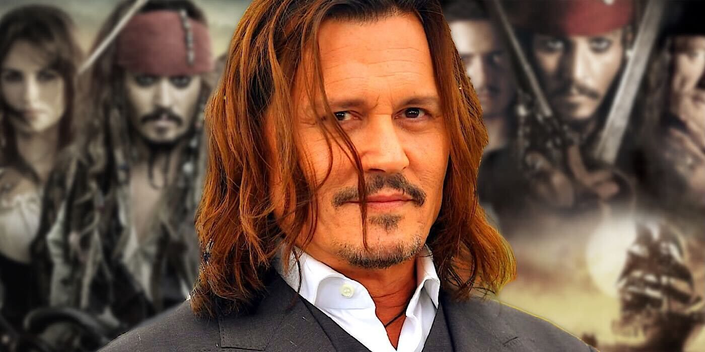 Johnny Depp in front of blurred Pirates of the Caribbean posters