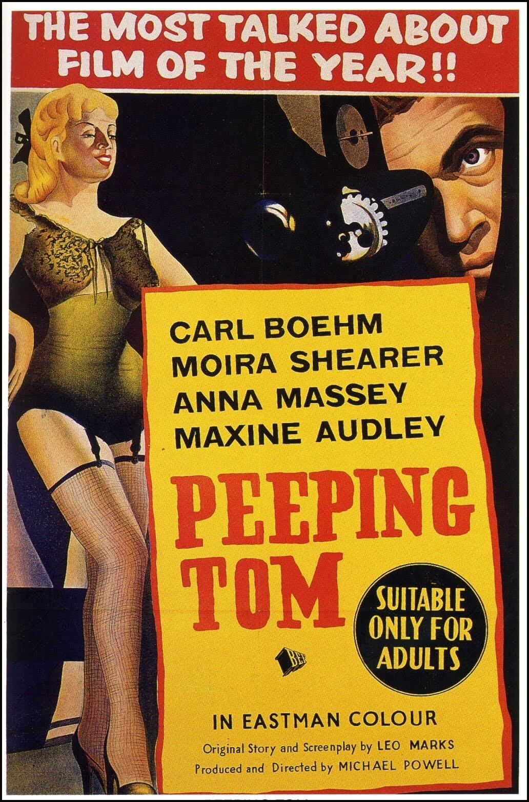 A poster for Peeping Tom featuring a man taking a video of a woman