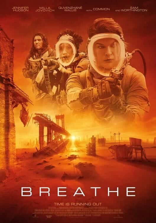 Jennifer Hudson, Milla Jovovich and Sam Worthington wear gas masks in a dystopian world in Breathe