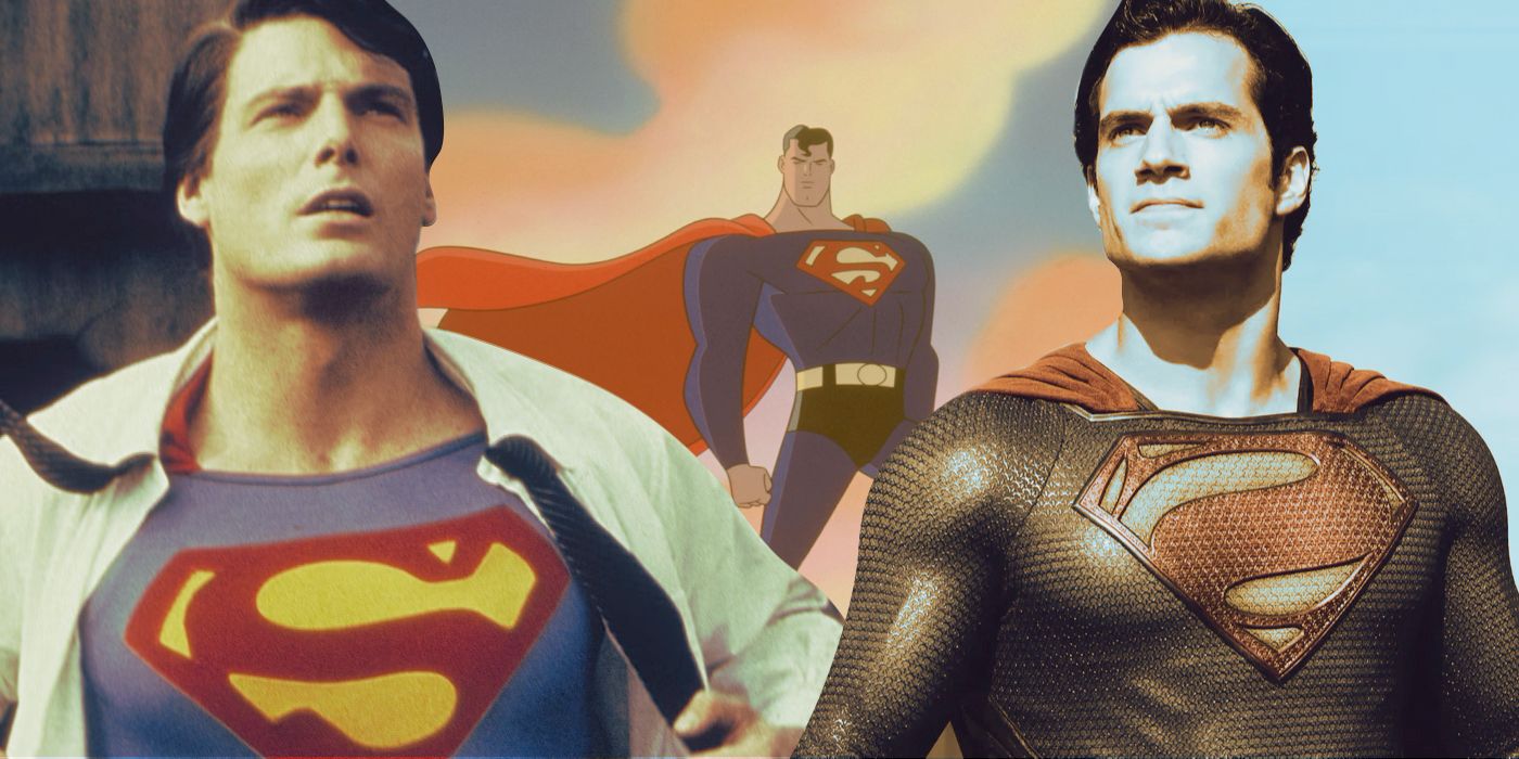An edited image of different Superman including Henry Cavill, Christopher Reeve, and the animated version