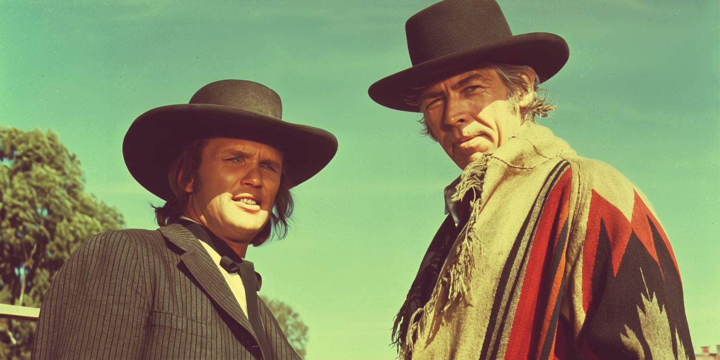 James Coburn and Kris Kristofferson look at the camera in the movie Pat Garrett and Billy the Kid