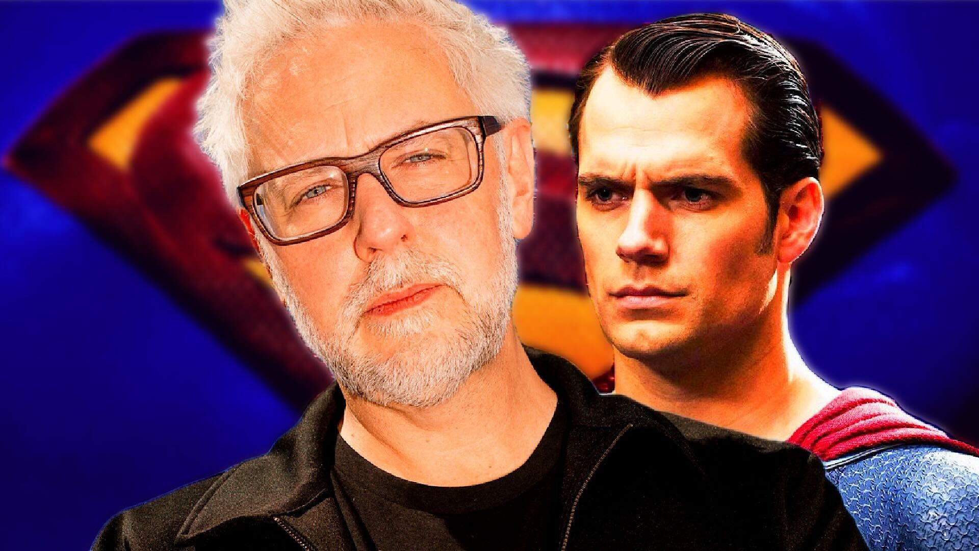 James Gunn and Henry Cavill's Superman with a logo background
