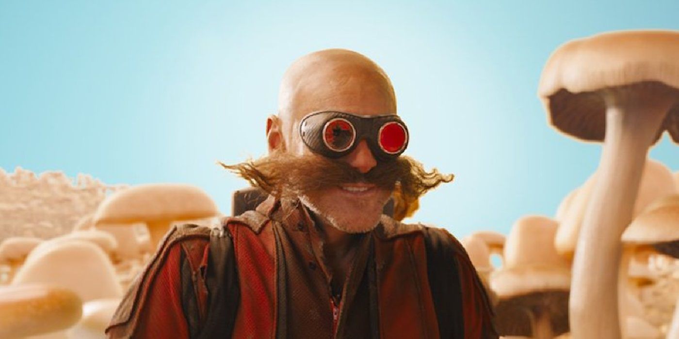 Jim Carrey as Dr Robotnik with big moustache in Sonic the Hedgehog