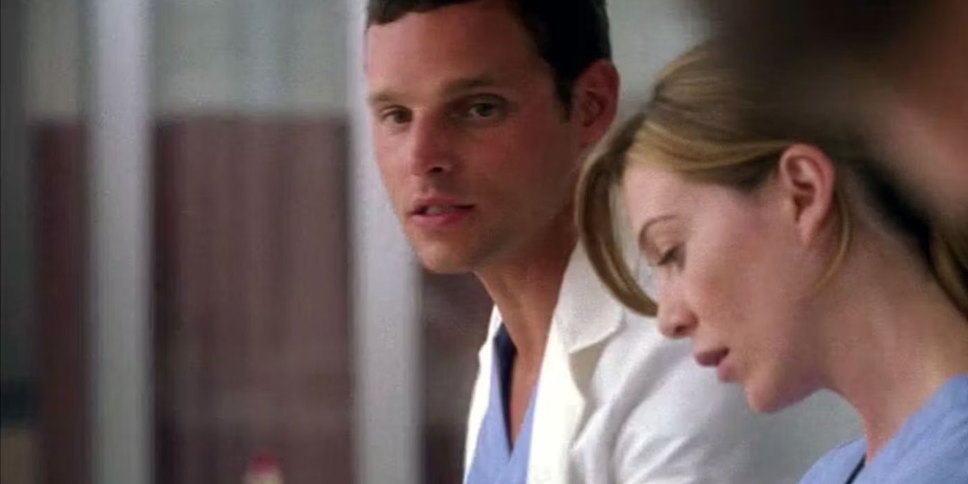 Justin Chambers and Ellen Pompeo as Alex and Meredith in Grey's Anatomy