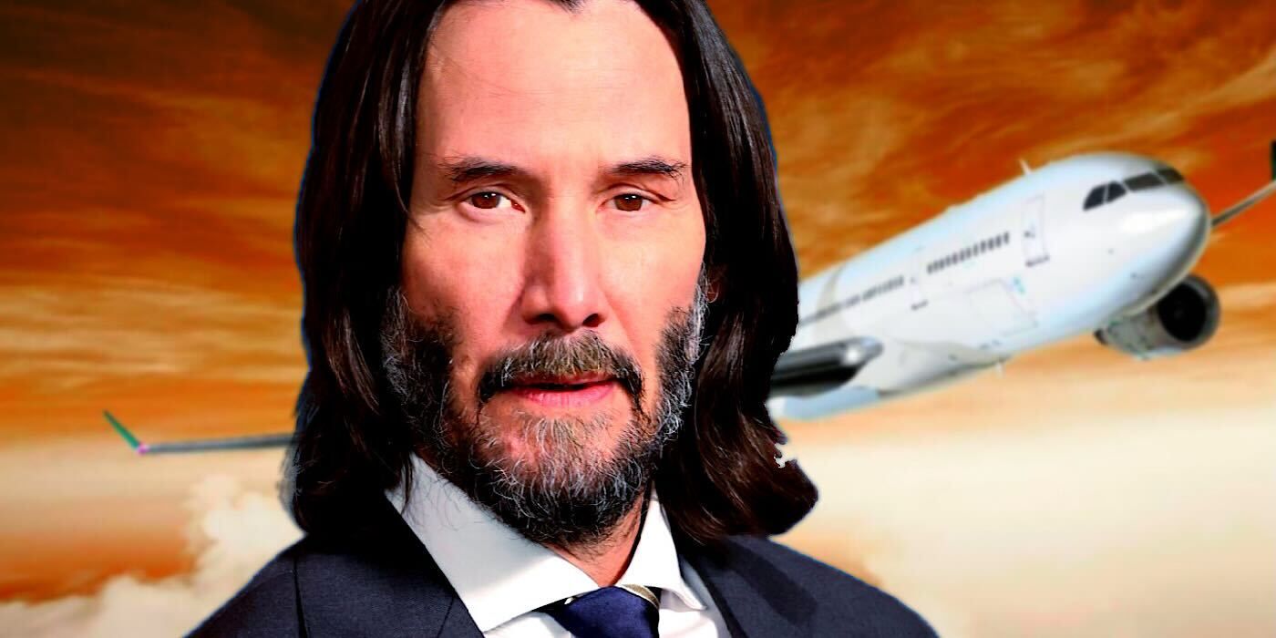 Keanu Reeves superimposed on a picture of a plane