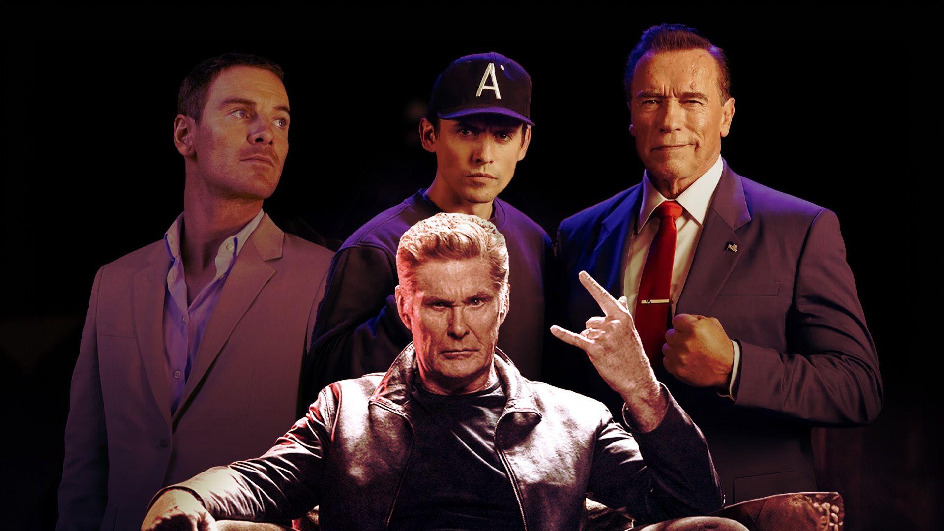 Kung Fury cast with David Sandberg, Michael Fassbender, Arnold Schwarzenegger, and David Hasselhoff