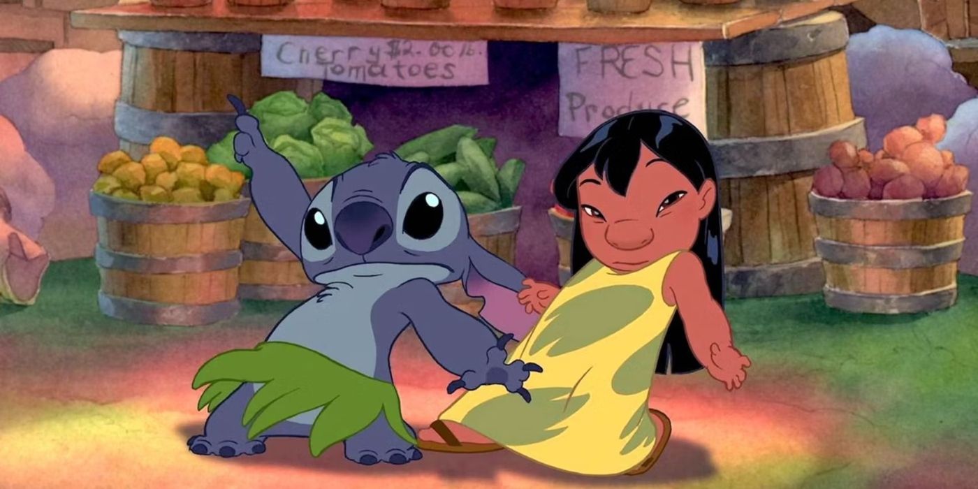 Chris Sanders as Stich and Daveigh Chase as Lilo dancing in Lilo & Stitch