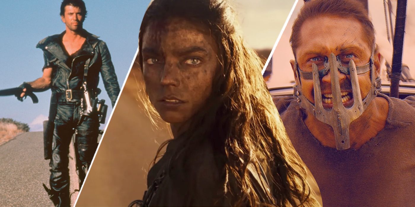 An edited image of Tom Hardy in Max Mad: Fury Road, Mel Gibson in Mad Max, and Anya Taylor-Joy in Furiosa