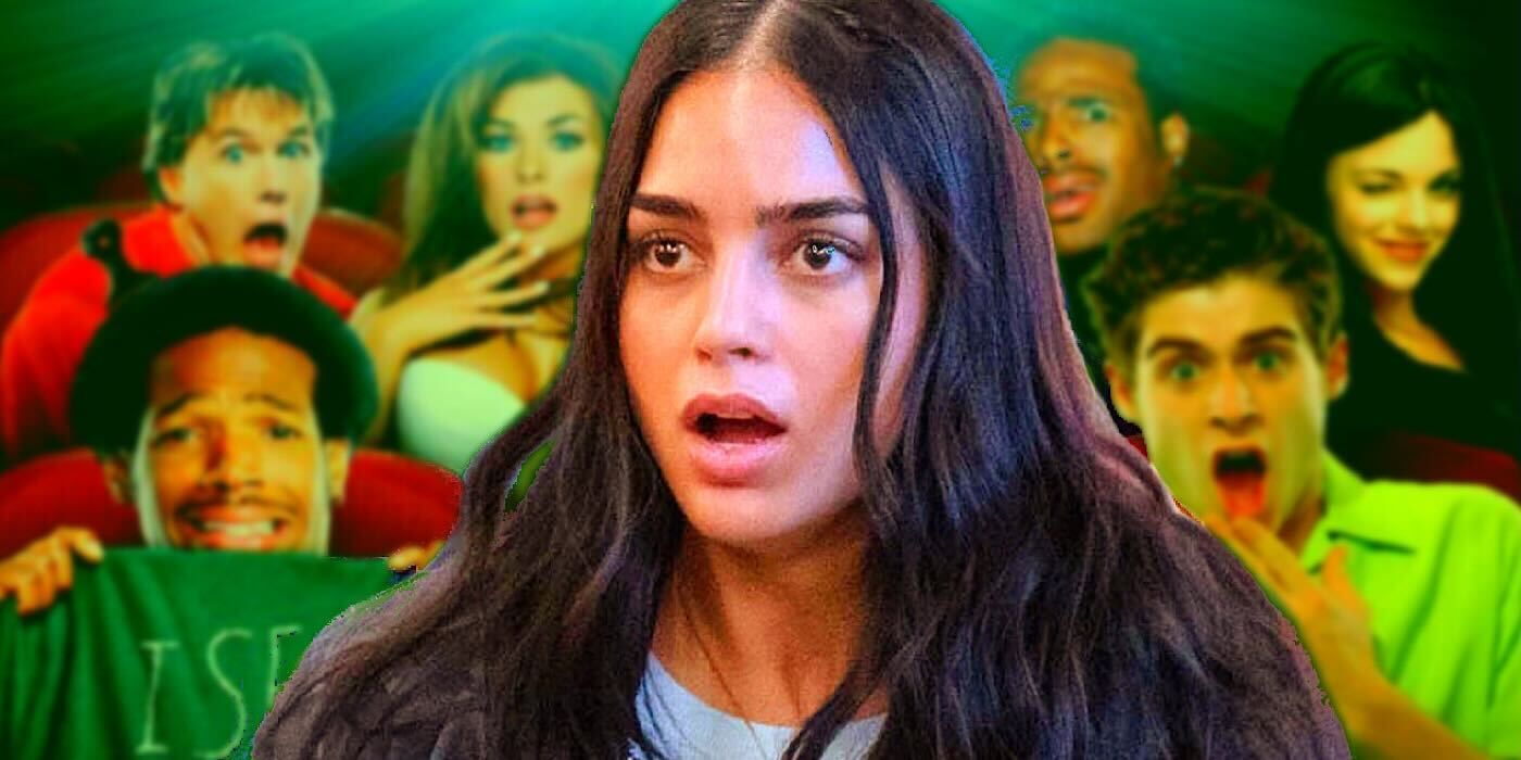 Melissa Barrera looking shocked with Scary Movie poster background
