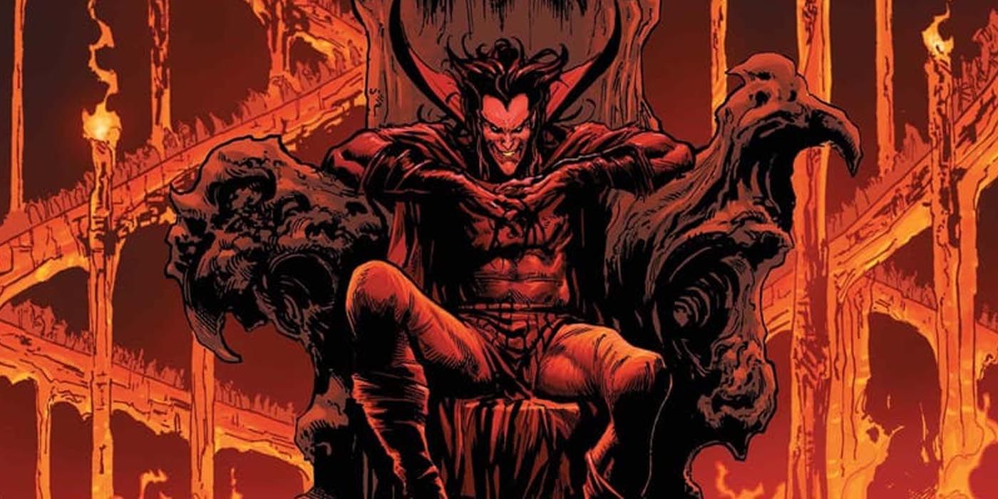 Mephisto sits on a throne in Marvel Comics