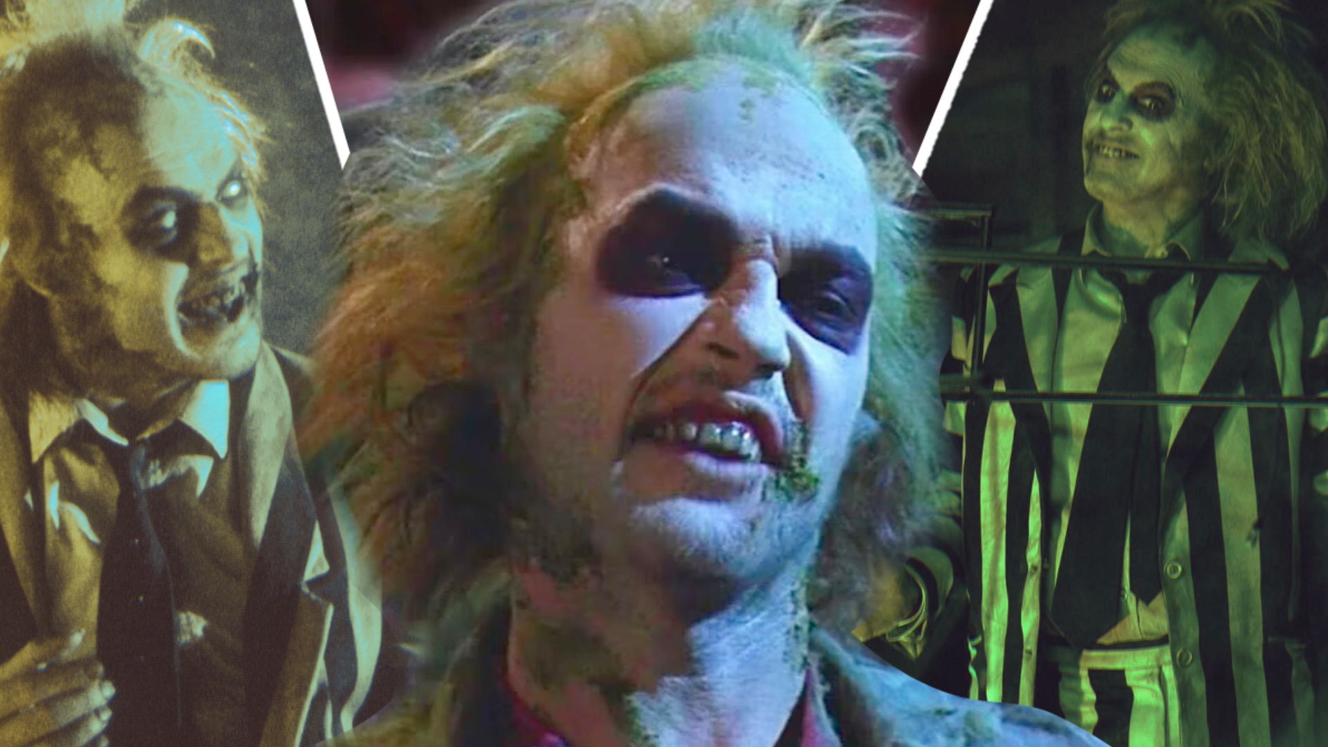 Michael Keaton as Beetlejuice with white makeup and long hair in Beetlejuice
