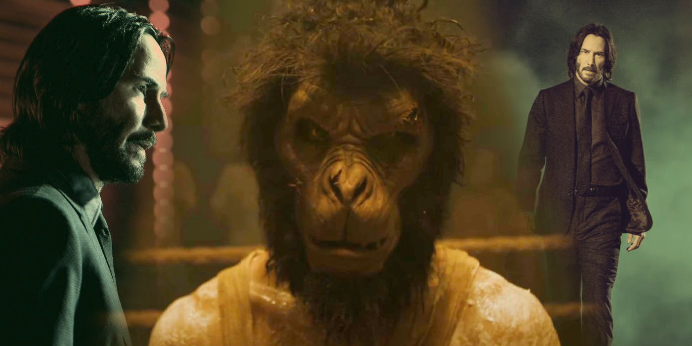 An edited image of Dev Patel in Monkey Man alongside Keanu Reeves in John Wick