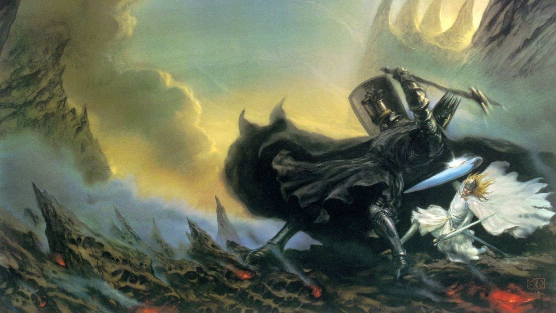 Official art from The Silmarillion drawn by Alan Lee depicts Morgoth facing off with Fingolfin