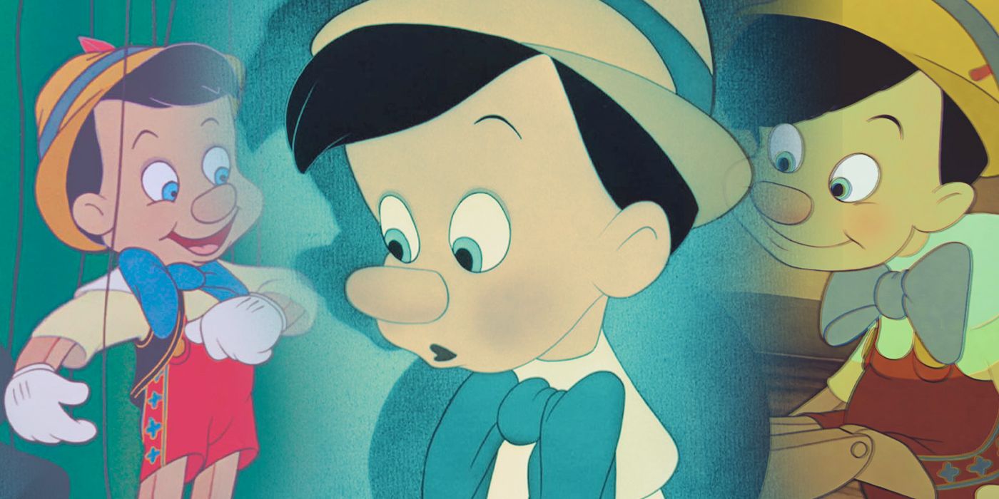 An edited image of the original Pinocchio movie as he looks at his nose and wooden legs