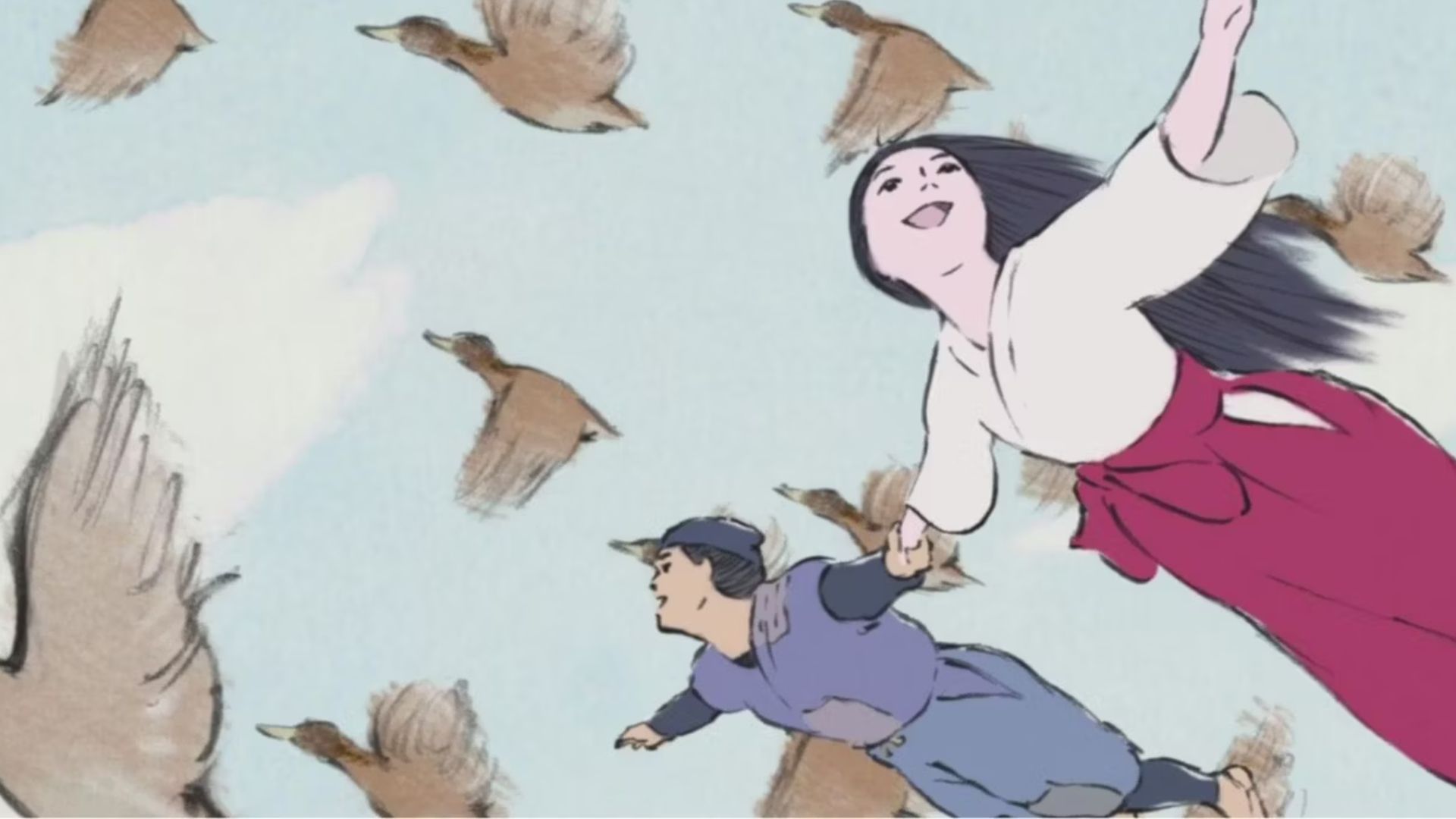 Princess Kaguya flying in the air with a man in The Tale of Princess Kaguya