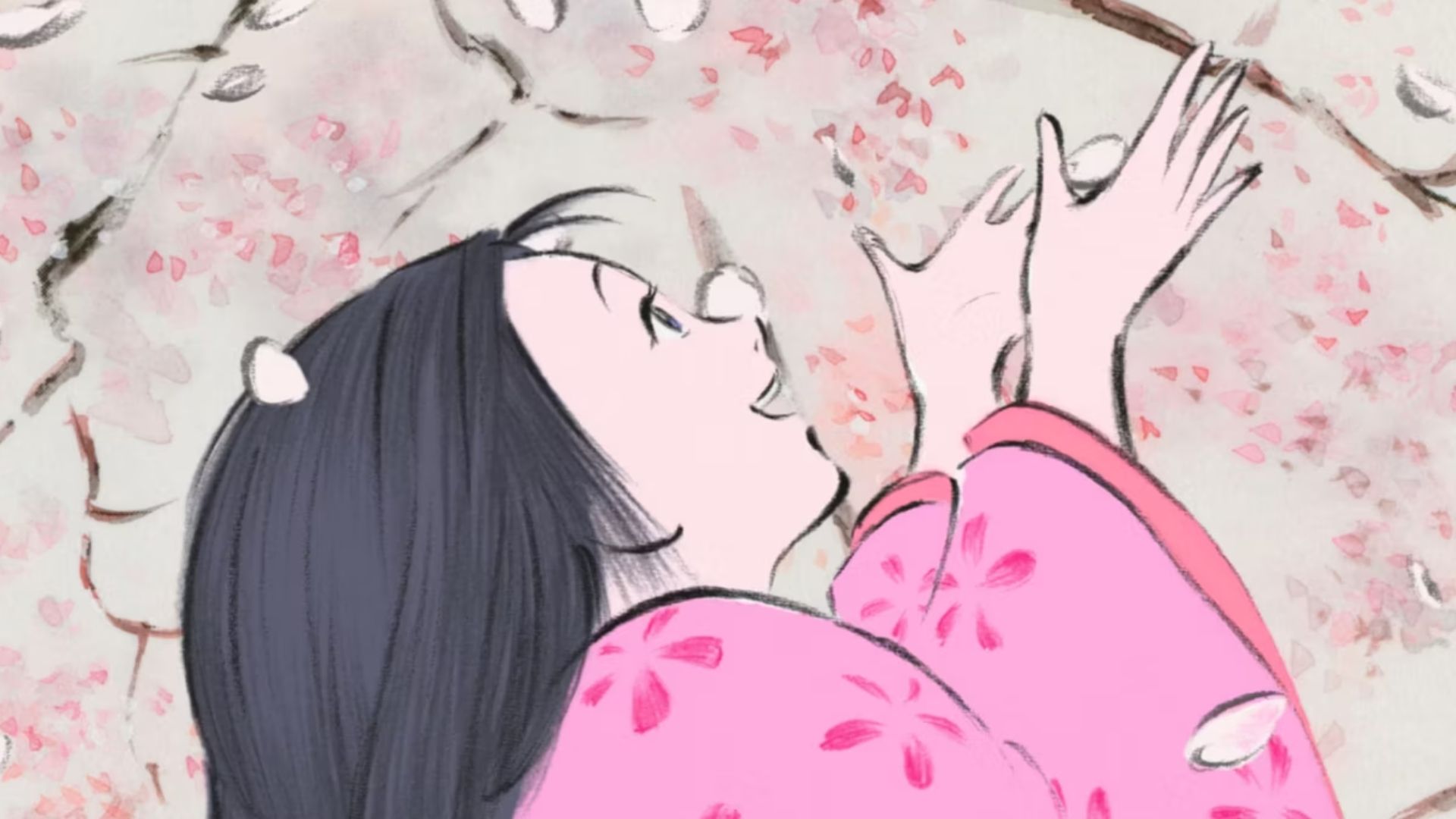 Princess Kaguya smiling up at the flowers in The Tale of the Princess Kaguya