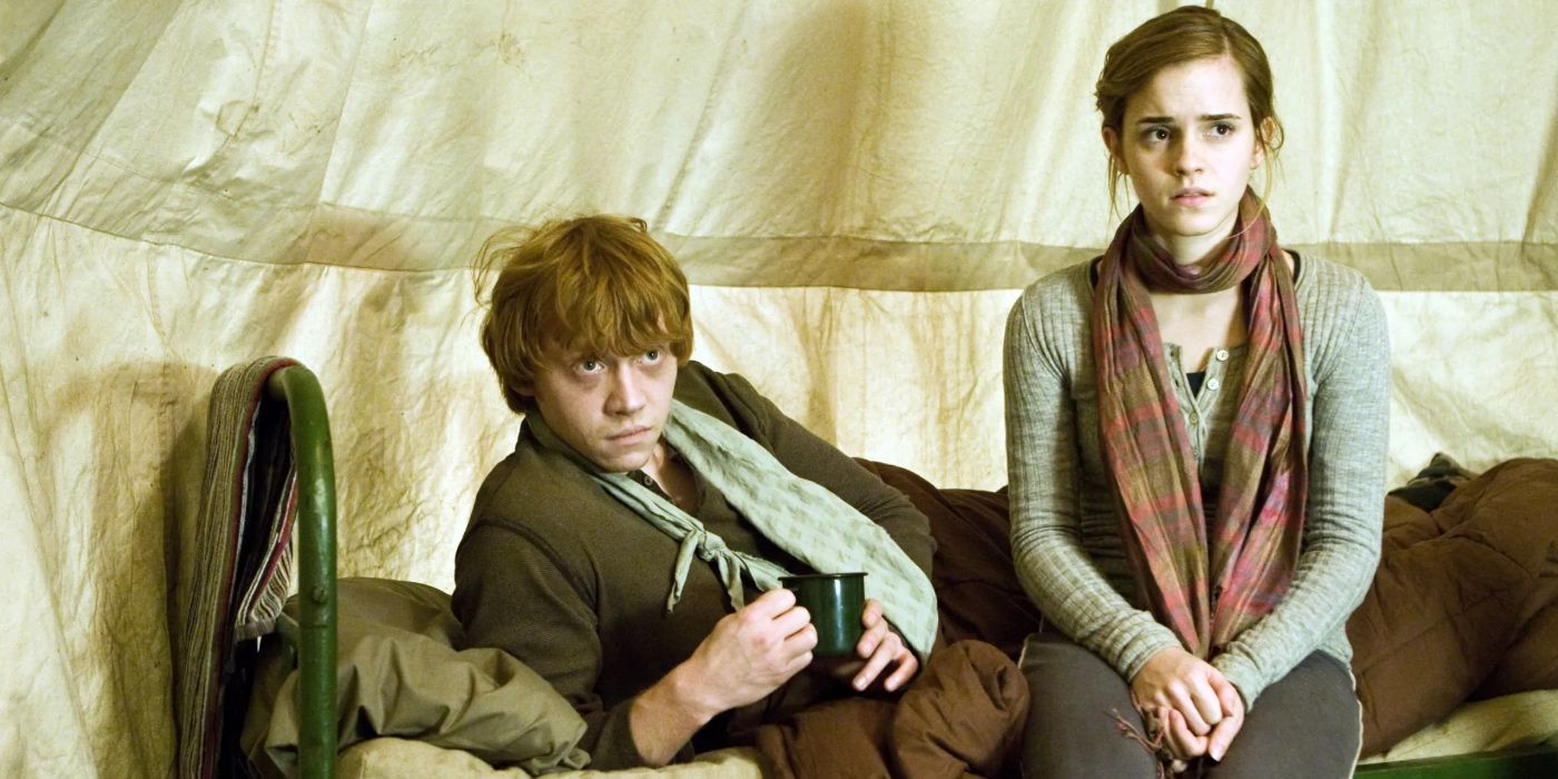 Ron and Hermione in Harry Potter sitting together in a tent lying on a bed