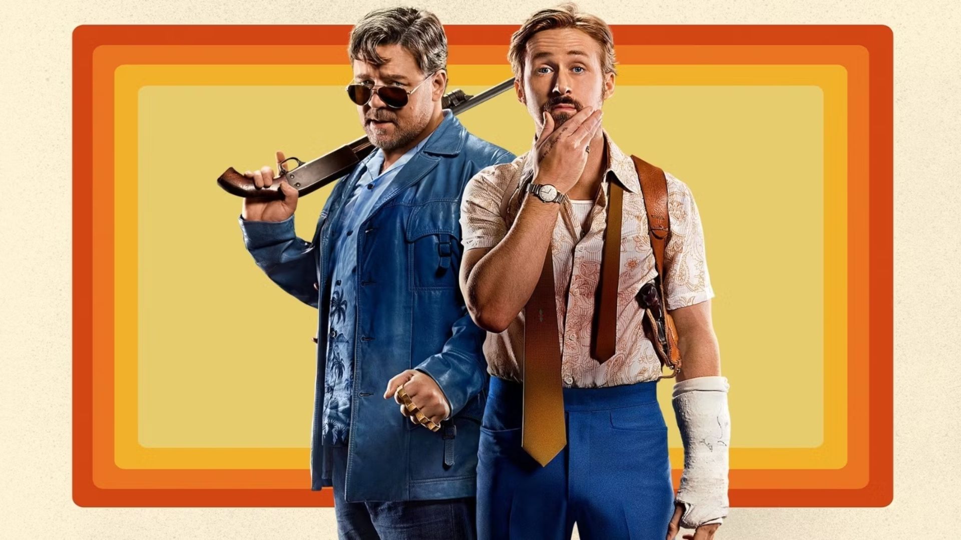 Russell Crowe as Jackson Healy and Ryan Gosling as Holland March in a promotional poster for The Nice Guys