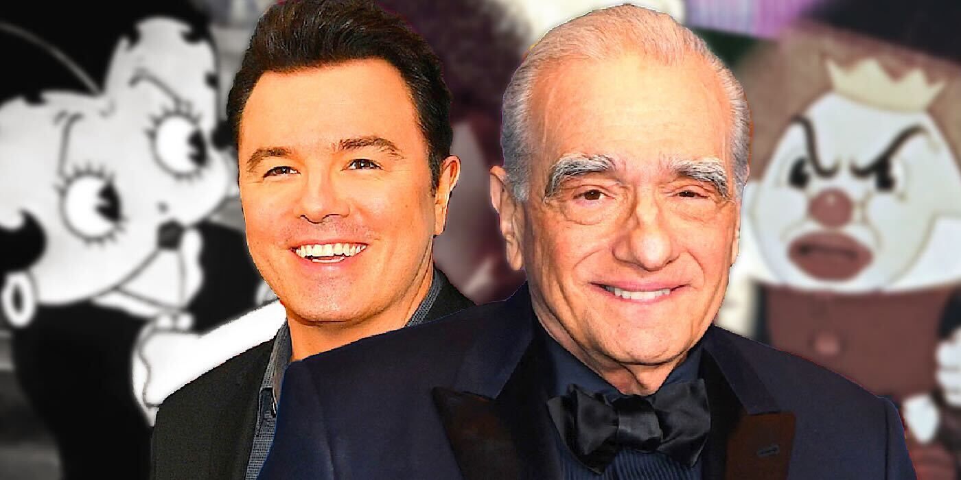 Seth MacFarlane and Martin Scorsese in front of 30s cartoons