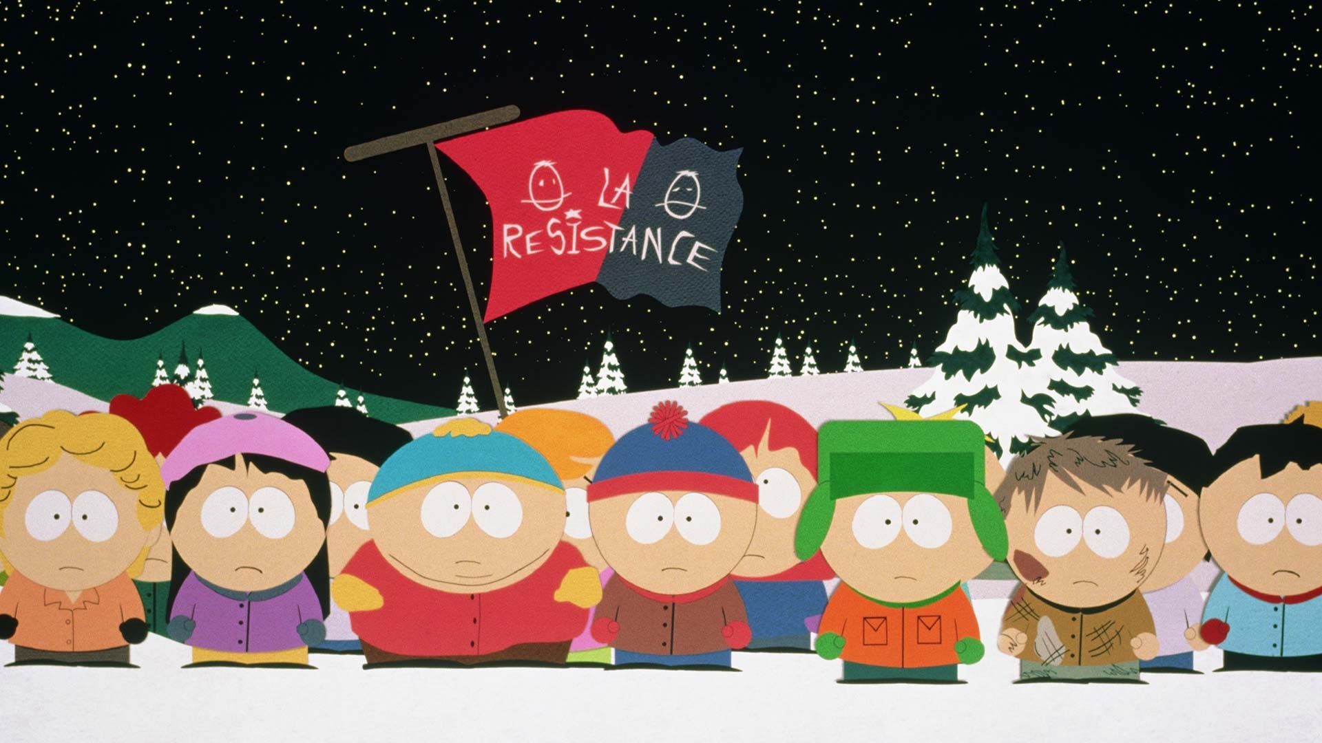 Kyle, Stan, Kyle, and Cartman look worried in South Park: Bigger, Longer, & Uncut