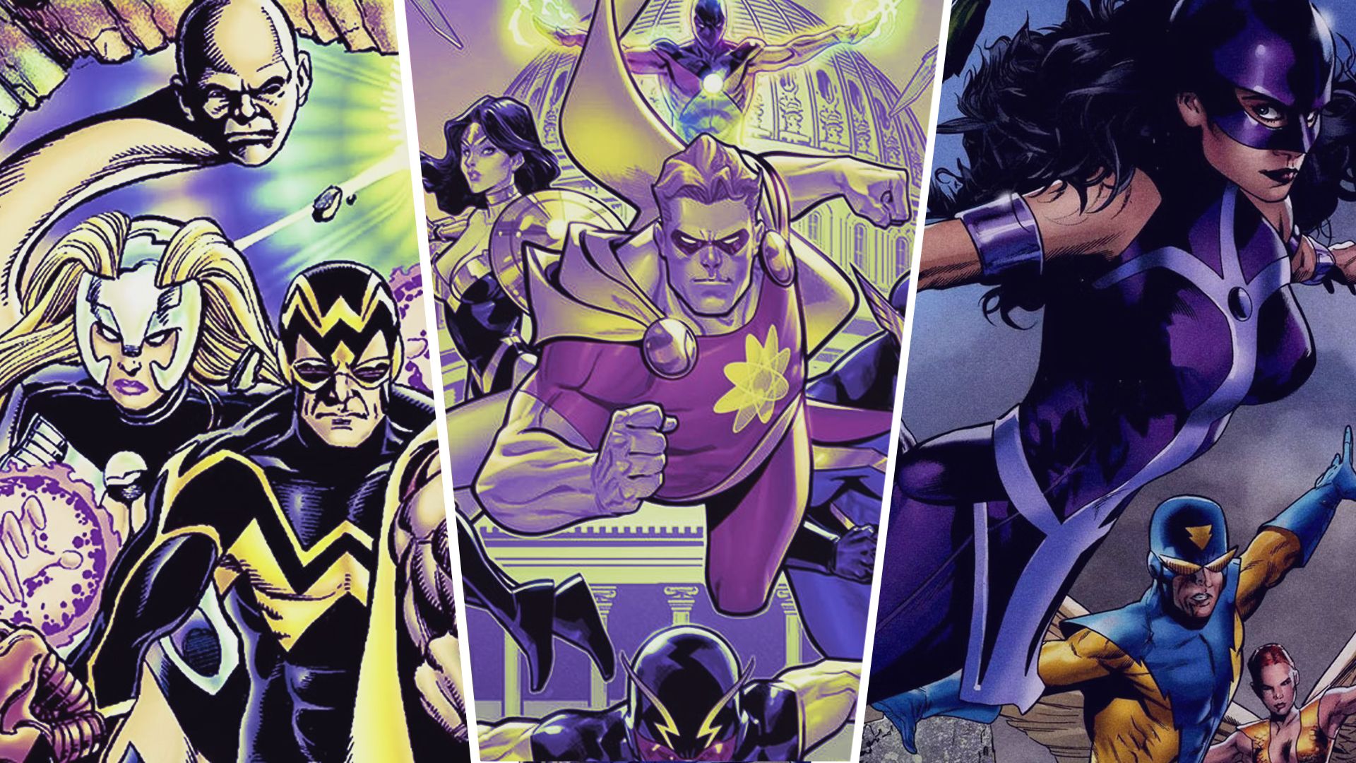 An edited image of different Squadron Supreme characters from the comics flying and fighting