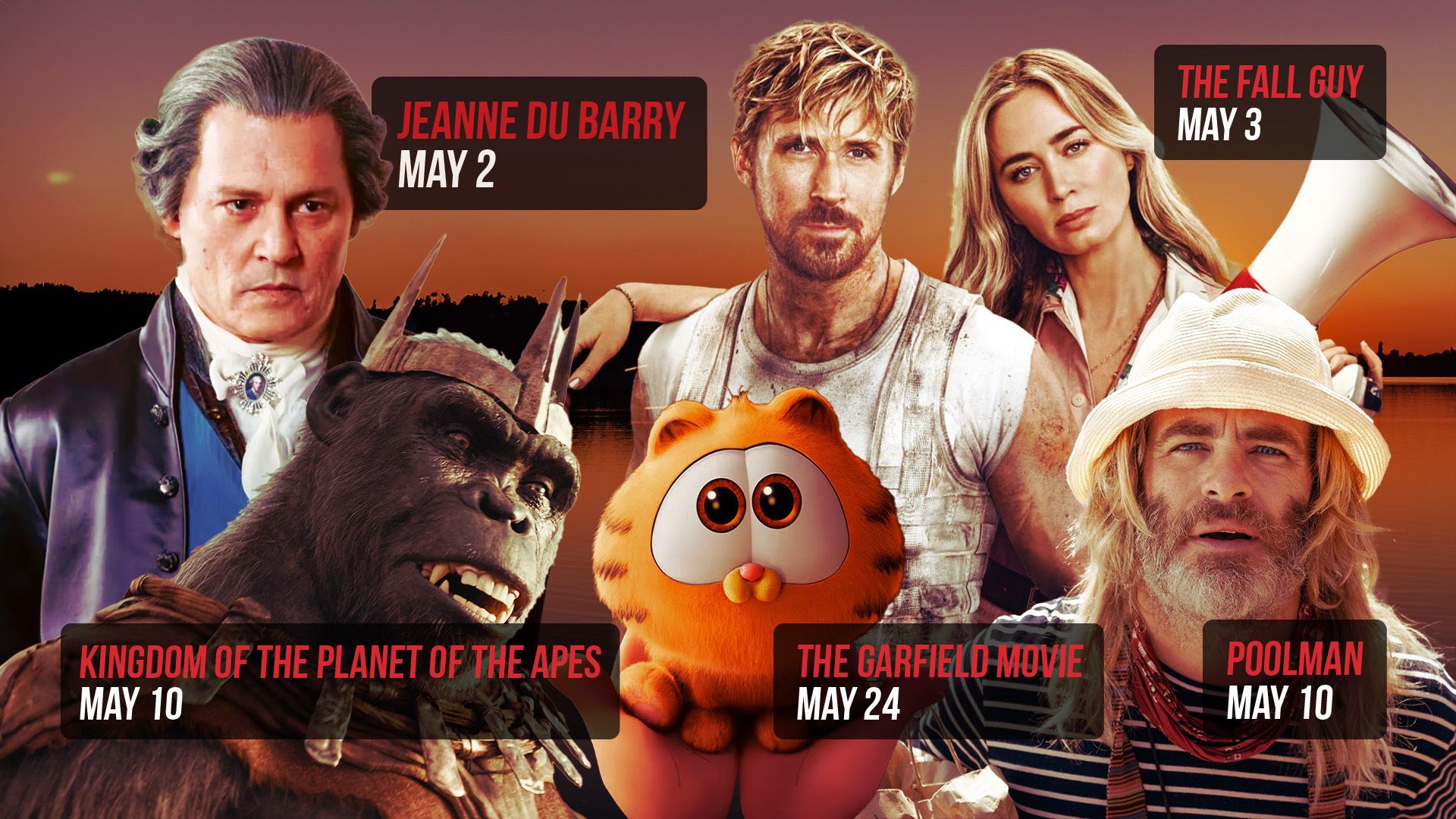 Summer Movie Releases with Garfield, Poolman, Kingdom of the Planet of the Apes, The Fall Guy, and Jeanne Du Barry