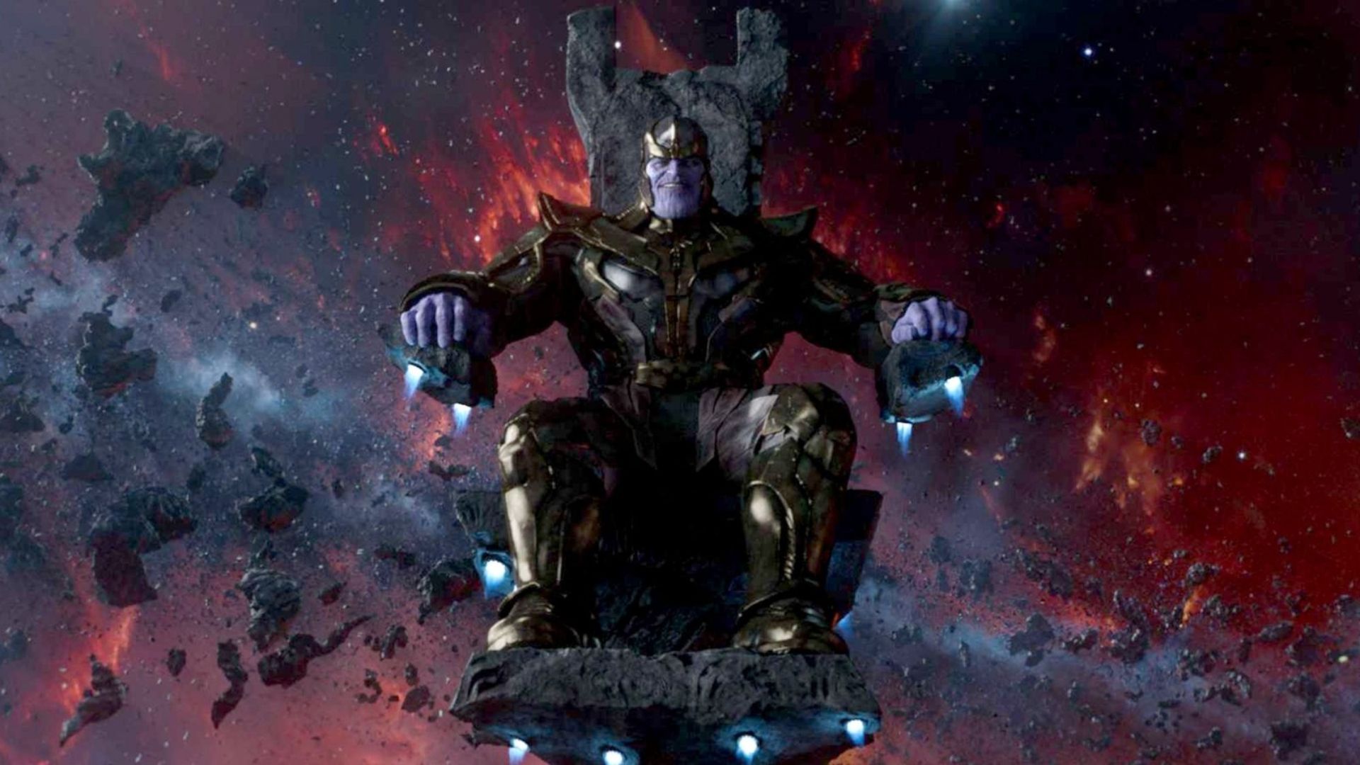 Josh Brolin as Thanos sits on a throne in Guardians of the Galaxy