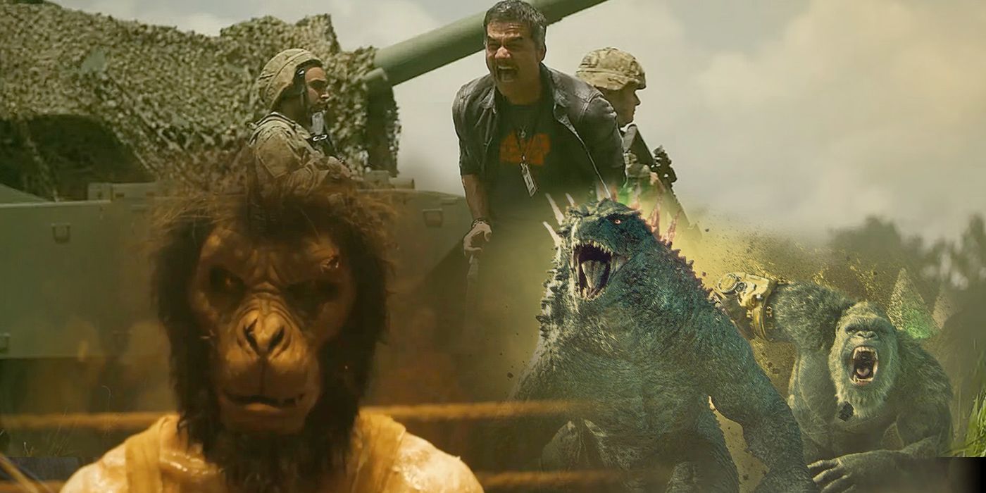 An edited image featuring stills from Monkey Man, Godzilla x Kong: The New Empire, and Civil War