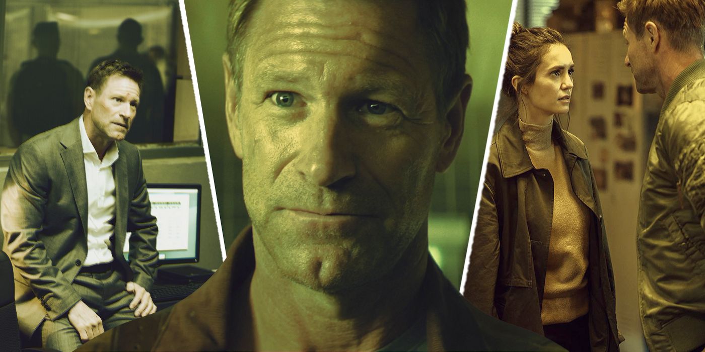 An edited image of The Bricklayer including Aaron Eckhart as Vail alongside Nina Dobrev as Kate