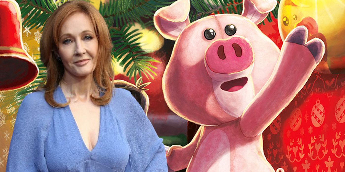 J.K. Rowling in a blue dress in front of the cover of her book The Christmas Pig