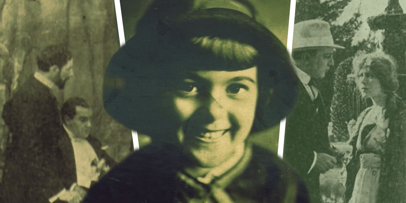 An edited image of The Fall of a Nation including Mae Marsh wearing a hat and smiling toward the camera