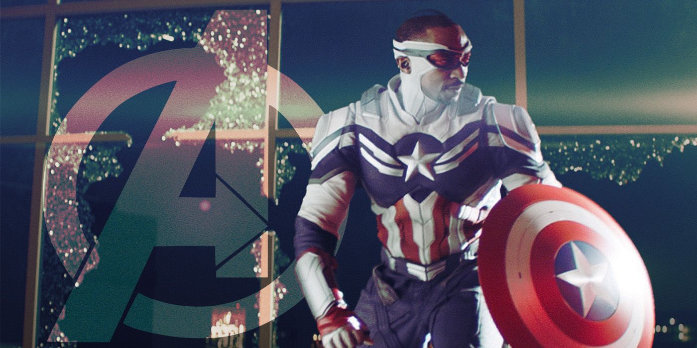 Anthony Mackie as Captain America standing next to the Avengers Logo