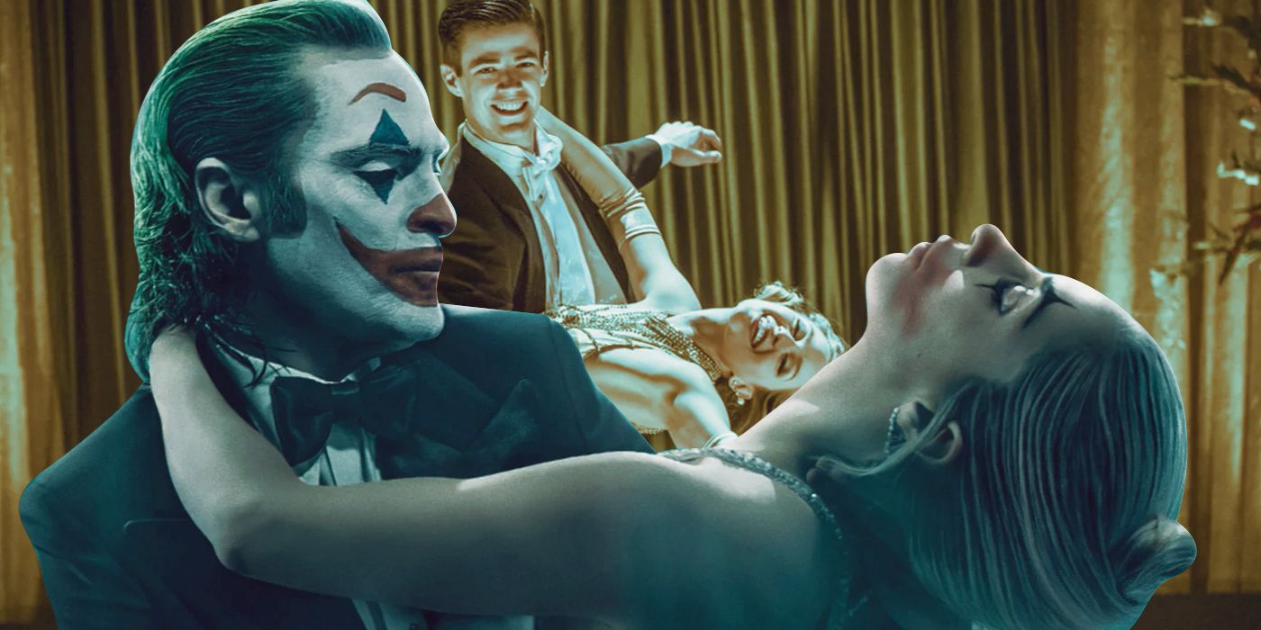 An edited image of Grant Gustin dancing in The Flash alongside Joaquin Phoenix and Lady Gaga dancing in Joker 2