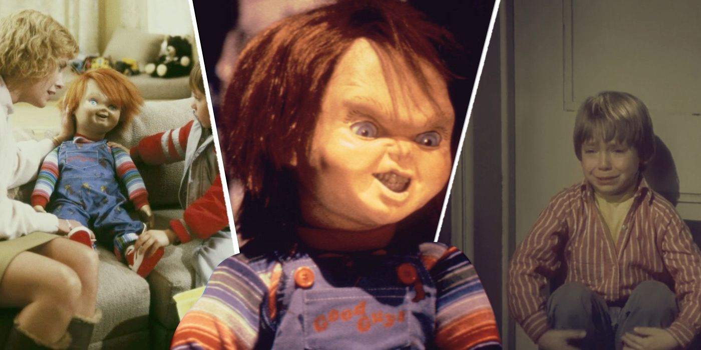 An edited image of Alex Vincent as Andy crying with the Chucky doll next to him in Child's Play