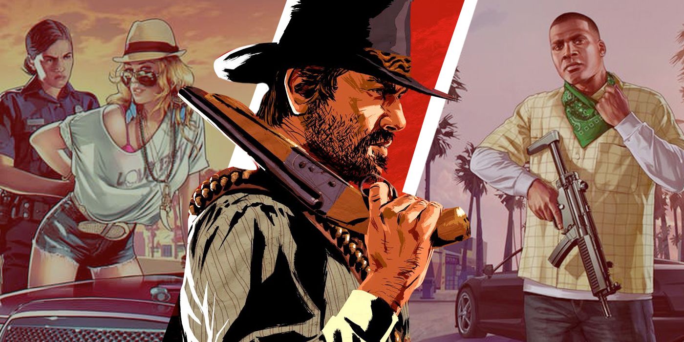 An edited image of a woman and police officer alongside Franklin from Grand Theft Auto and Arthur in Red Dead Redemption