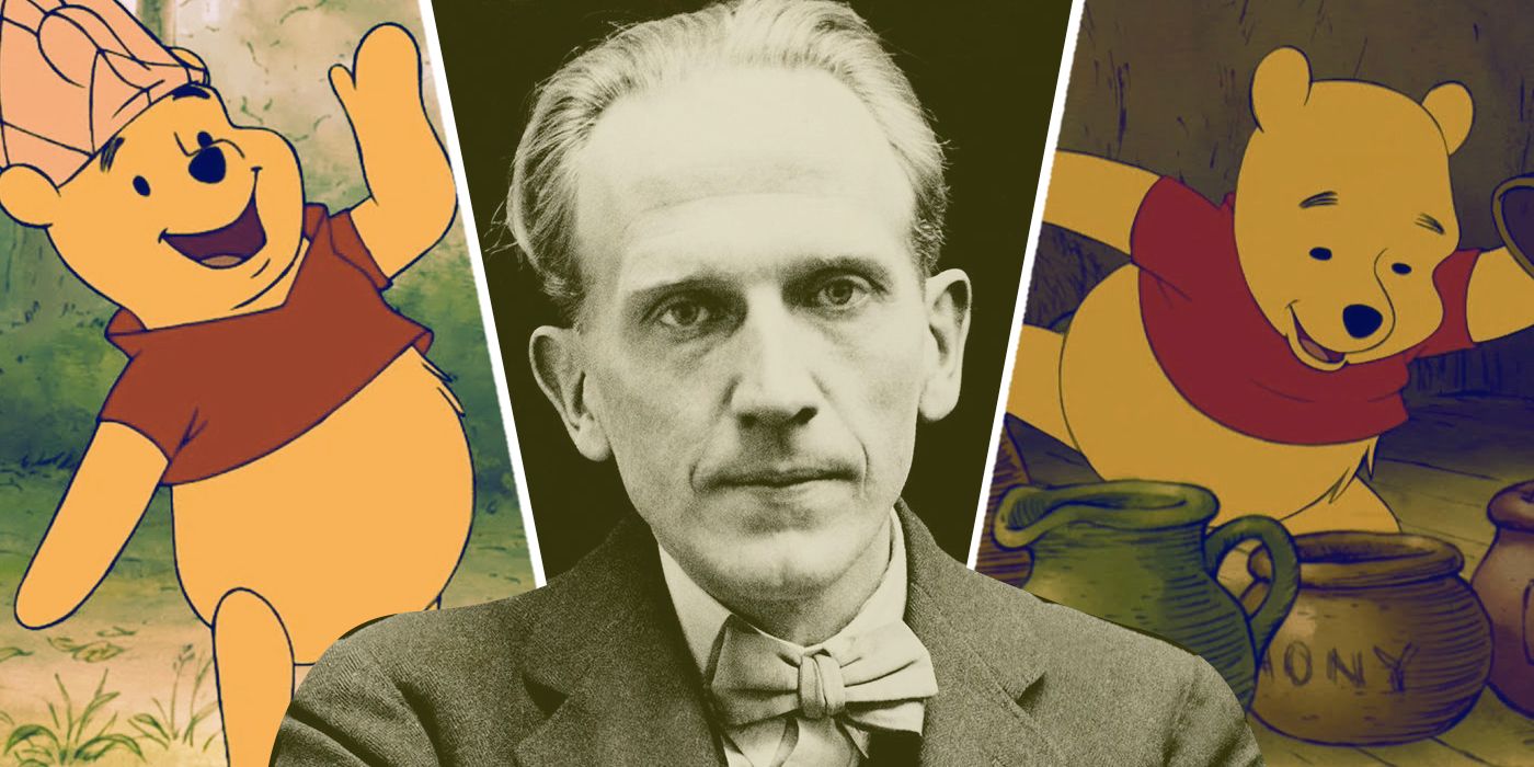 An edited image of Winnie the Pooh and A.A. Milne wearing a suit 