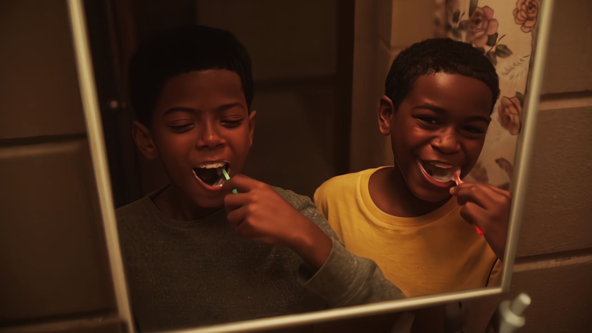The two young boys brush their teeth in the movie We Grown Now