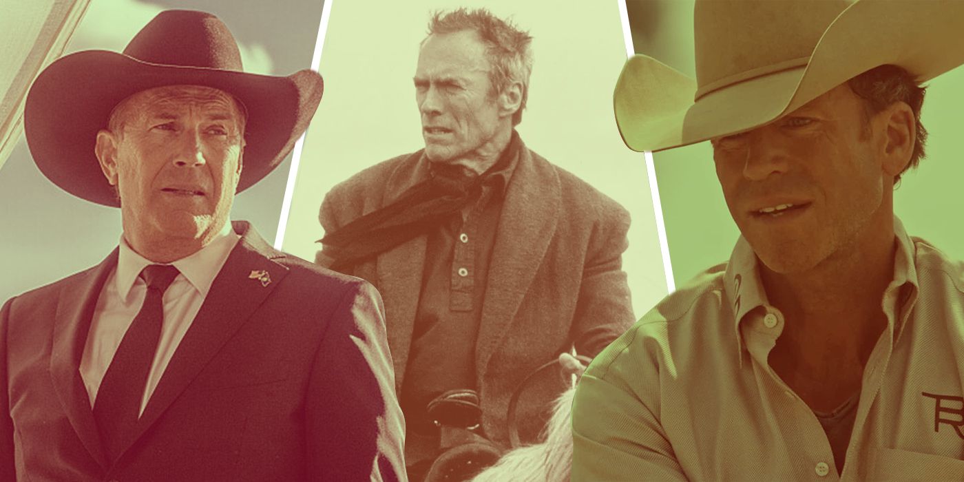 An edited image of Kevin Costner and Taylor Sheridan in Yellowstone alongside Clint Eastwood in Unforgiven