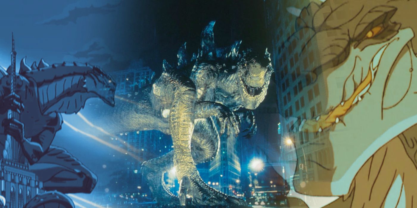 An edited image of Godzilla walking through a busy city street with Godzilla from the animated series next to him