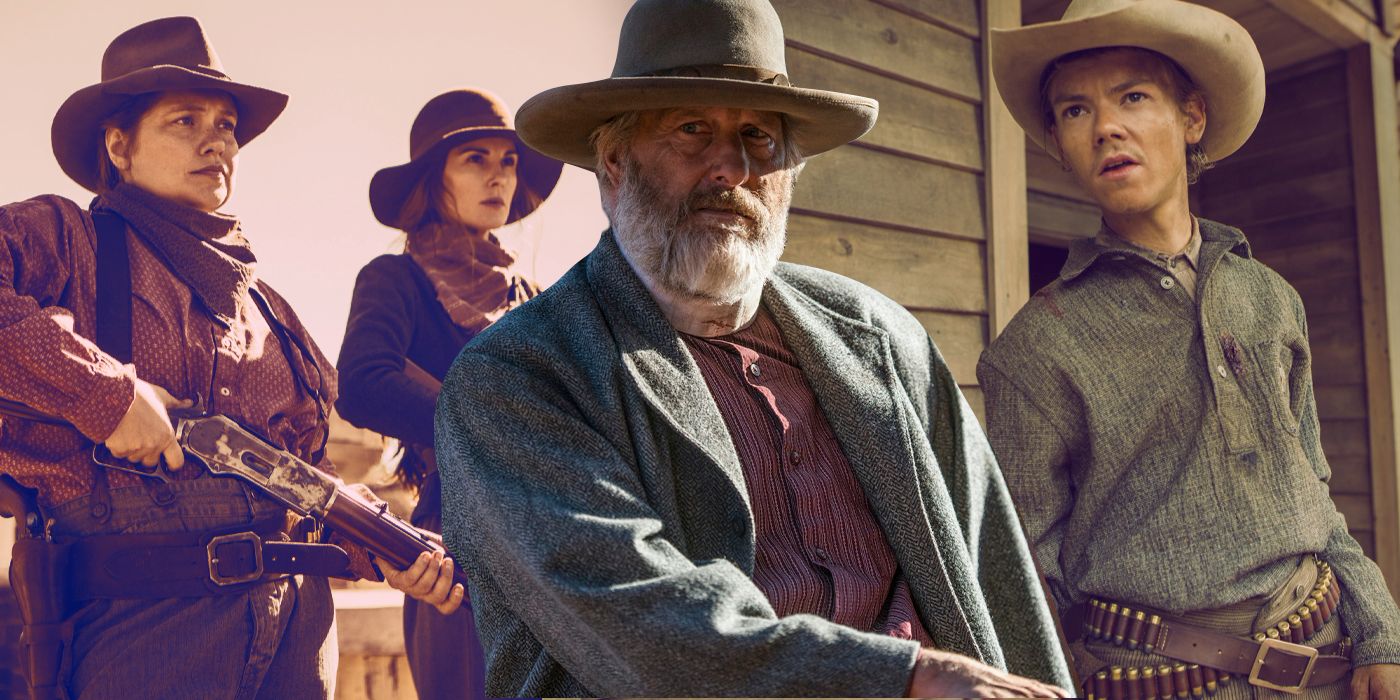 An edited image of different characters in Godless, wearing cowboy hats and holding rifles