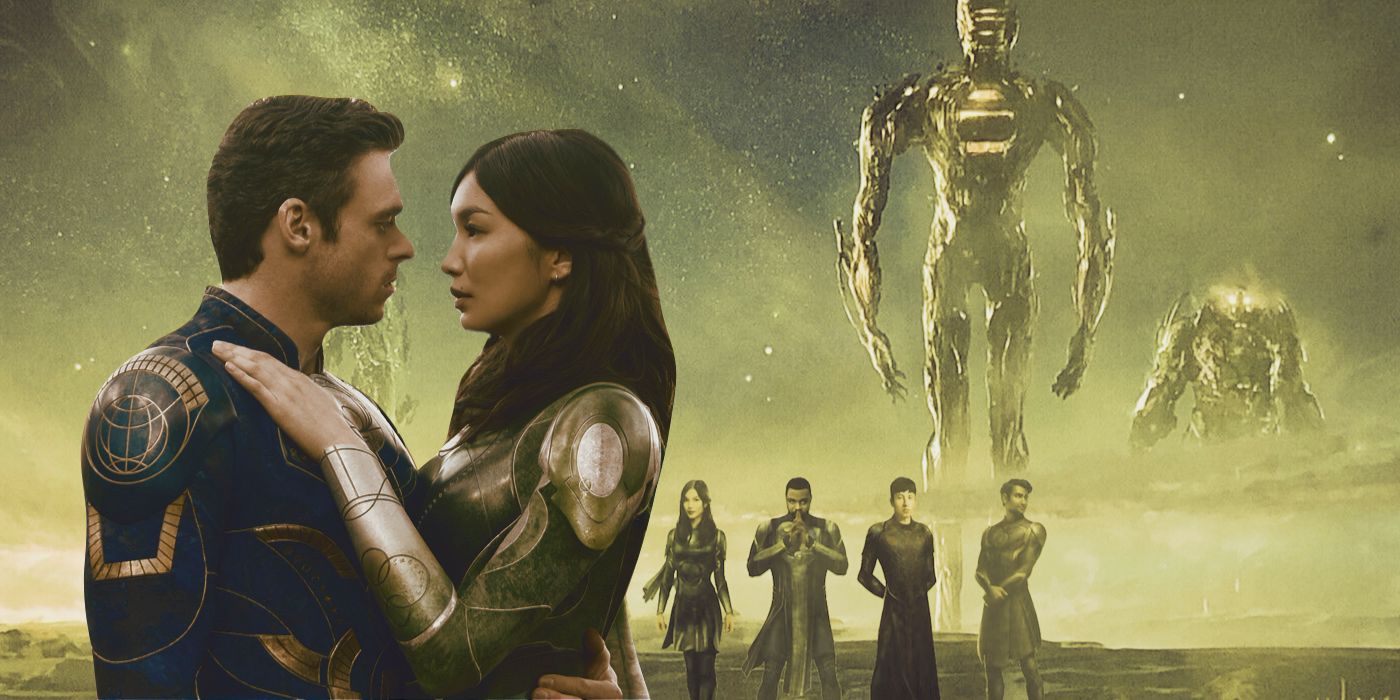 An edited image of Richard Madden and Gemma Chan in Eternals with the Celestials behind them