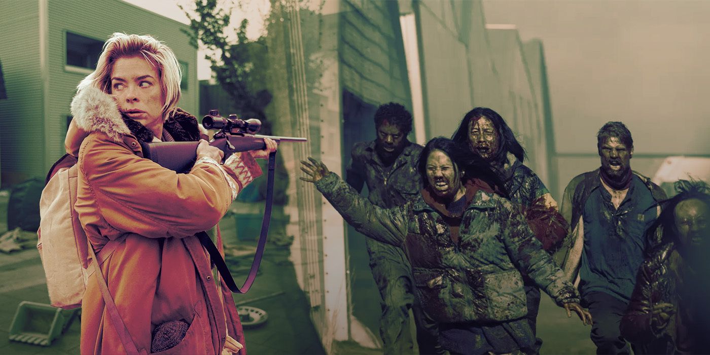 two images from the show black summer are in a collage with black summer holding a rifle in one and a horde of zombies in the other one