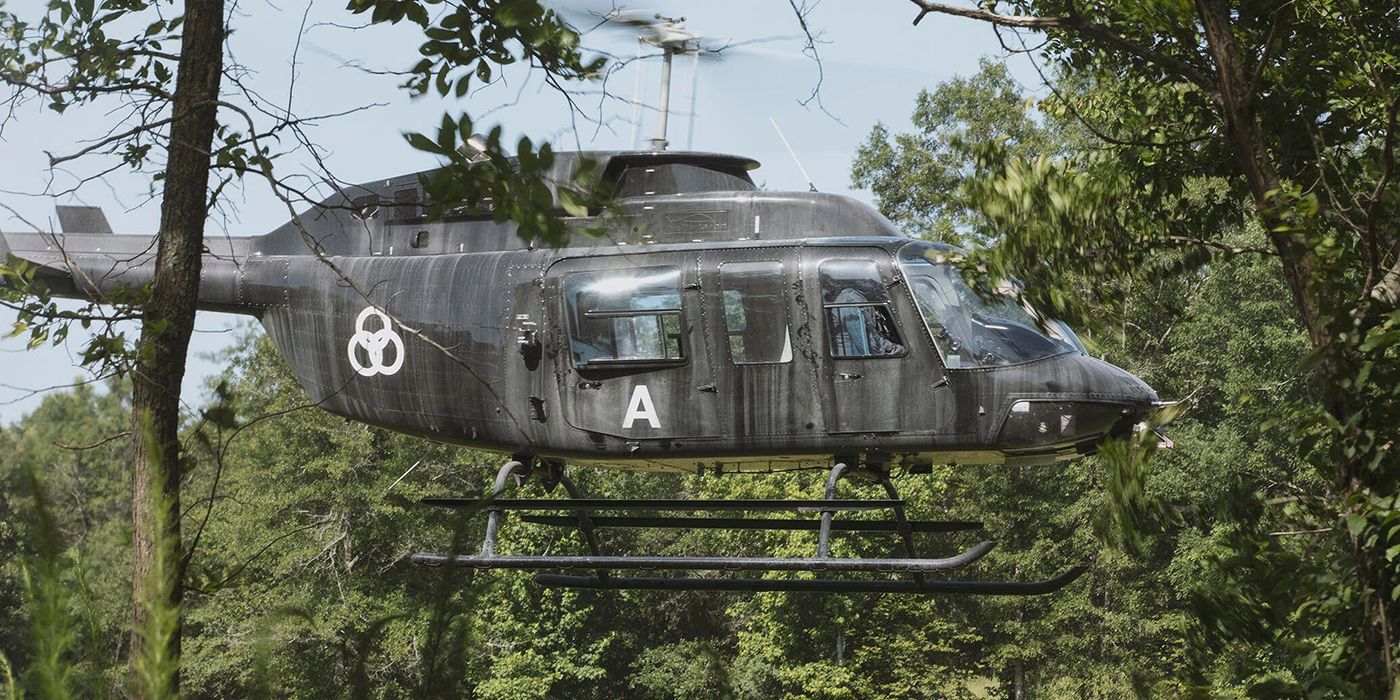 A CRM helicopter flying in the sky in The Walking Dead.