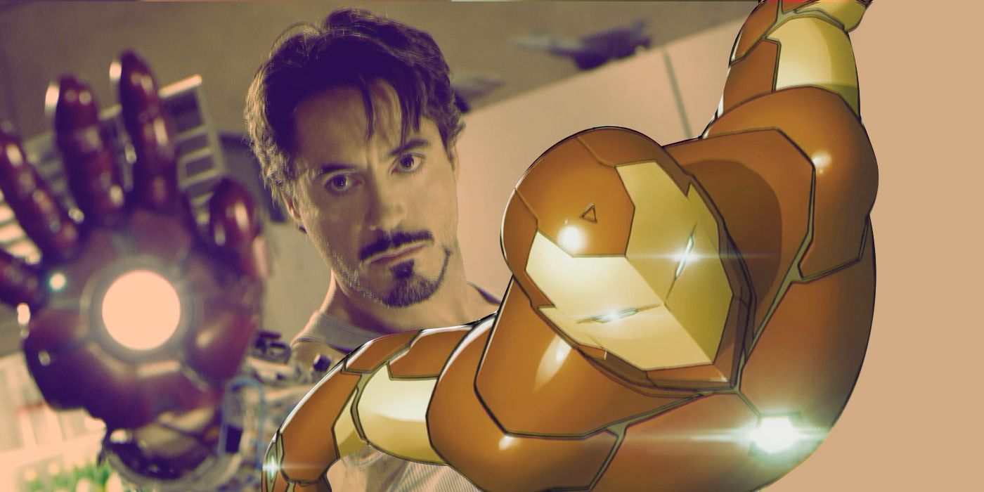 An edited image of Robert Downey Jr. as Iron Man alongside Iron Man from the comics