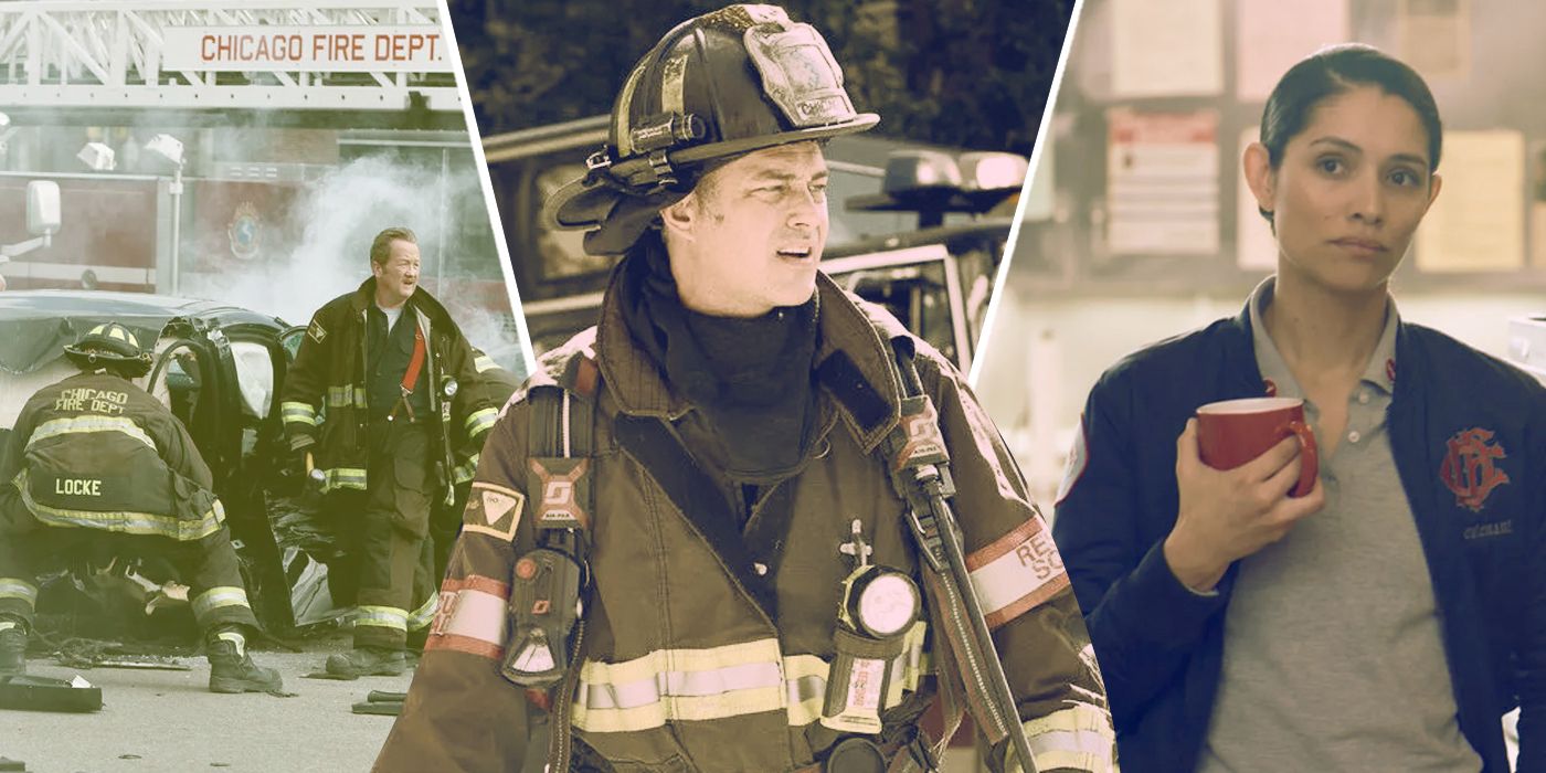 An edited image of different Chicago Fire characters wearing firefighter uniforms in Chicago Fire