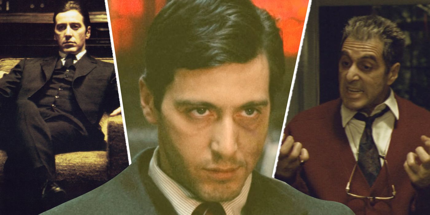 An edited image of Al Pacino as Michael Corleone in The Godfather Part 1, 2, and 3
