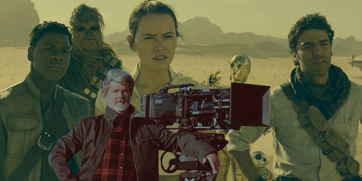 An edited image of George Lucas next to a massive camera with the cast of Star Wars: The Force Awakens behind him