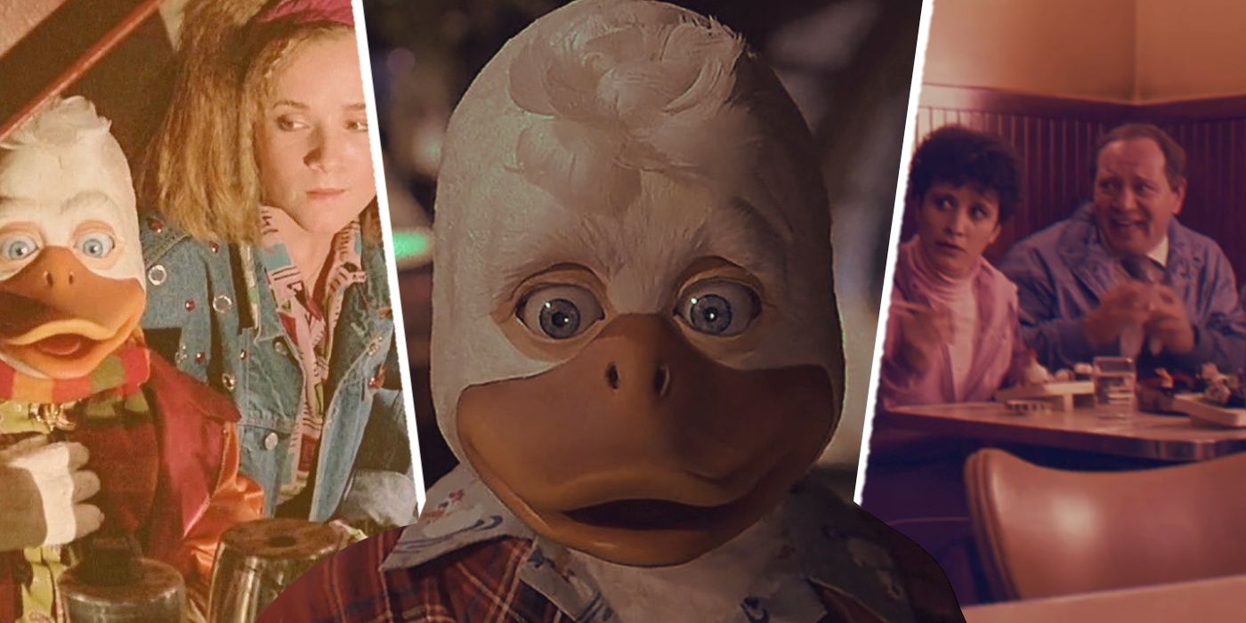 An edited image of Hoard the Duck and Lea Thompson in Howard the Duck