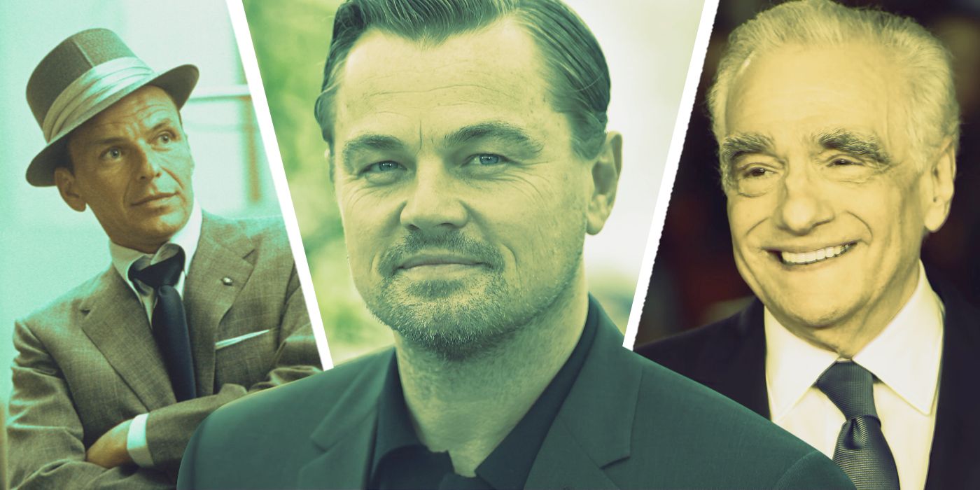 An edited image of Leonardo DiCaprio, Martin Scorsese, and Frank Sinatra